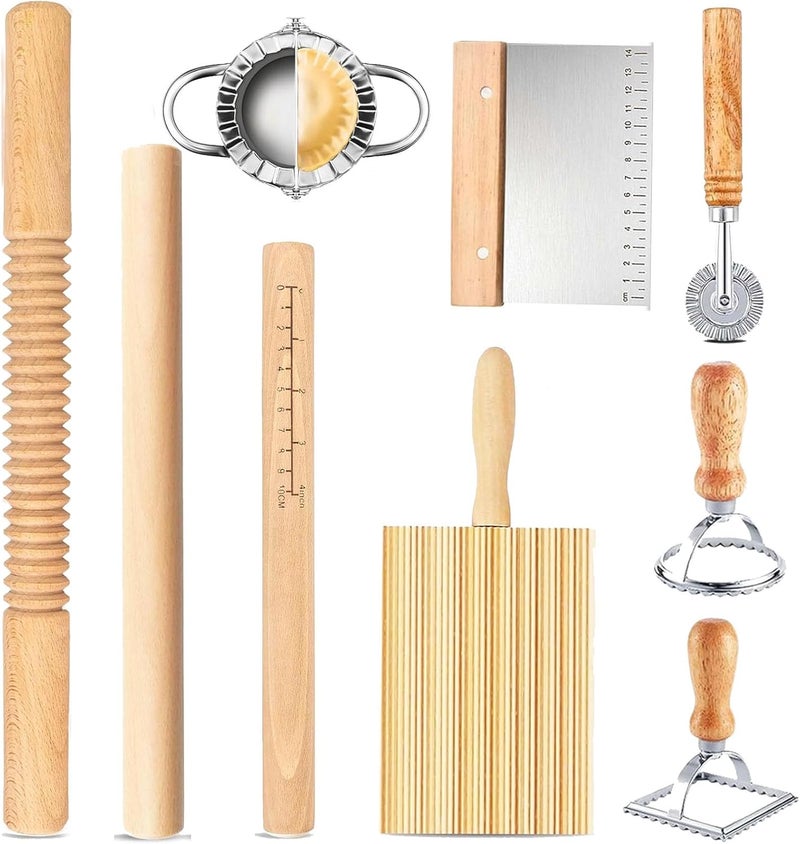 Eyskutvjc Pasta Making Tools,Wood Pasta Making Kit with 3 Rolling Pins,Gnocchi Board,Dough Cutter,Ravioli Cutter,2 Pasta Stamps,Making Dumplings.Pasta Making Accessories for Home (9 piece) - Image 1